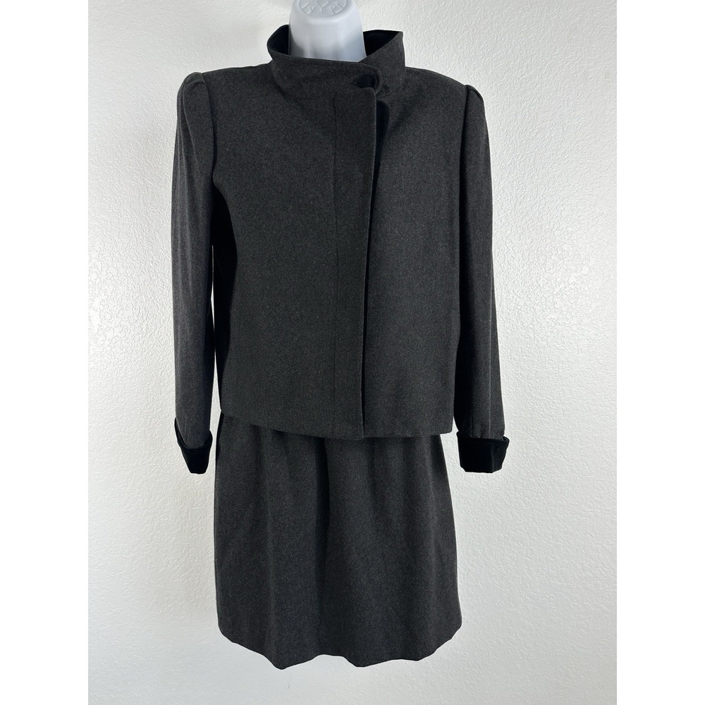 Sasson VTG Sz: 10 Secretary Career Gray Wool Blend Velvet Accent Skirt Suit